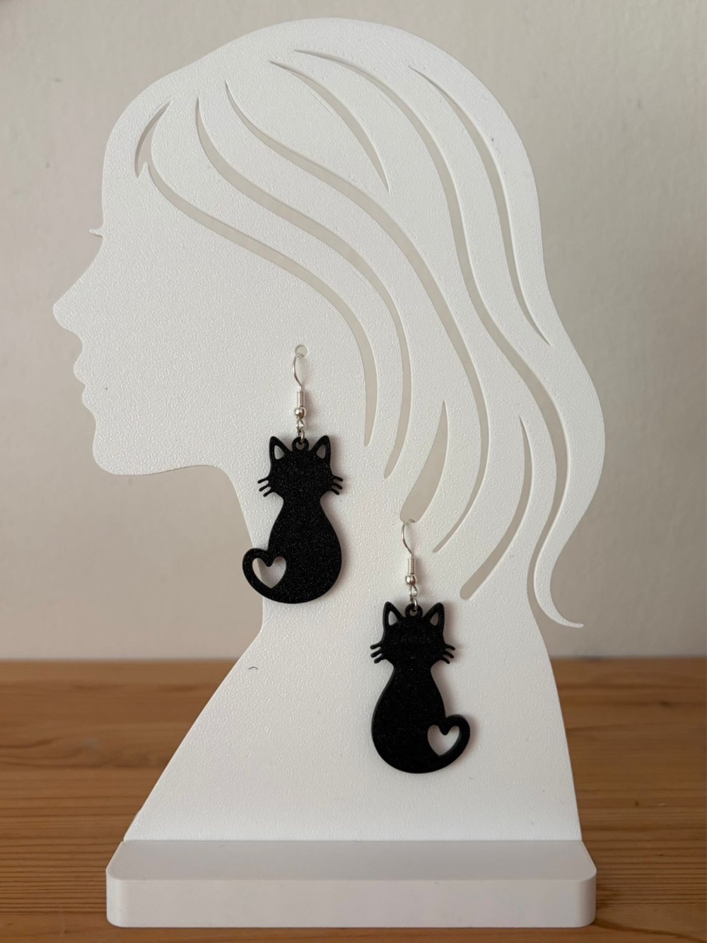 Black Cat Silhouette Drop Earrings - Cute Cat Heart Design